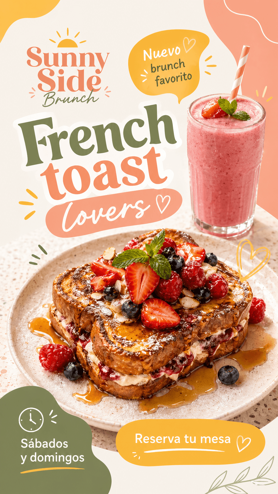 "French toast con frutos del bosque + smoothie. Tu brunch favorito de sábado y domingo."
