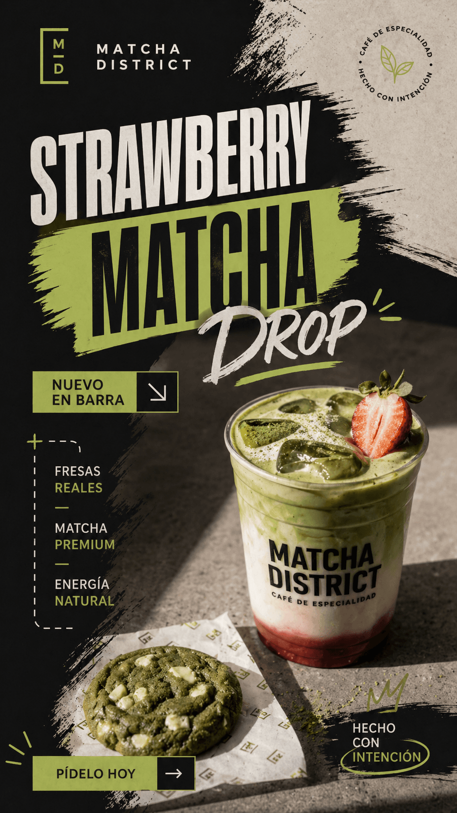 "Strawberry Matcha Drop, nuevo en barra. Fresas reales, matcha premium, energía natural."