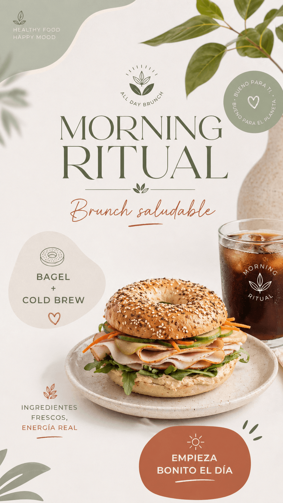 "Bagel + cold brew para empezar bonito el día. Ingredientes frescos, energía real."