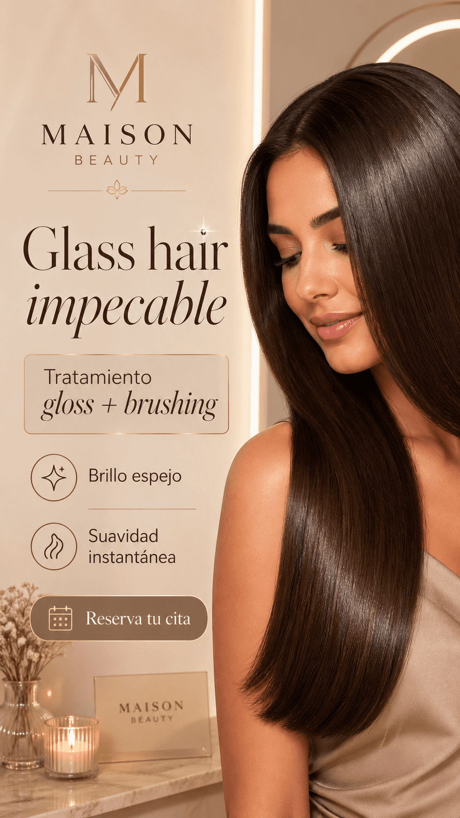 "Glass hair impecable: tratamiento gloss + brushing. Brillo espejo y suavidad instantánea."