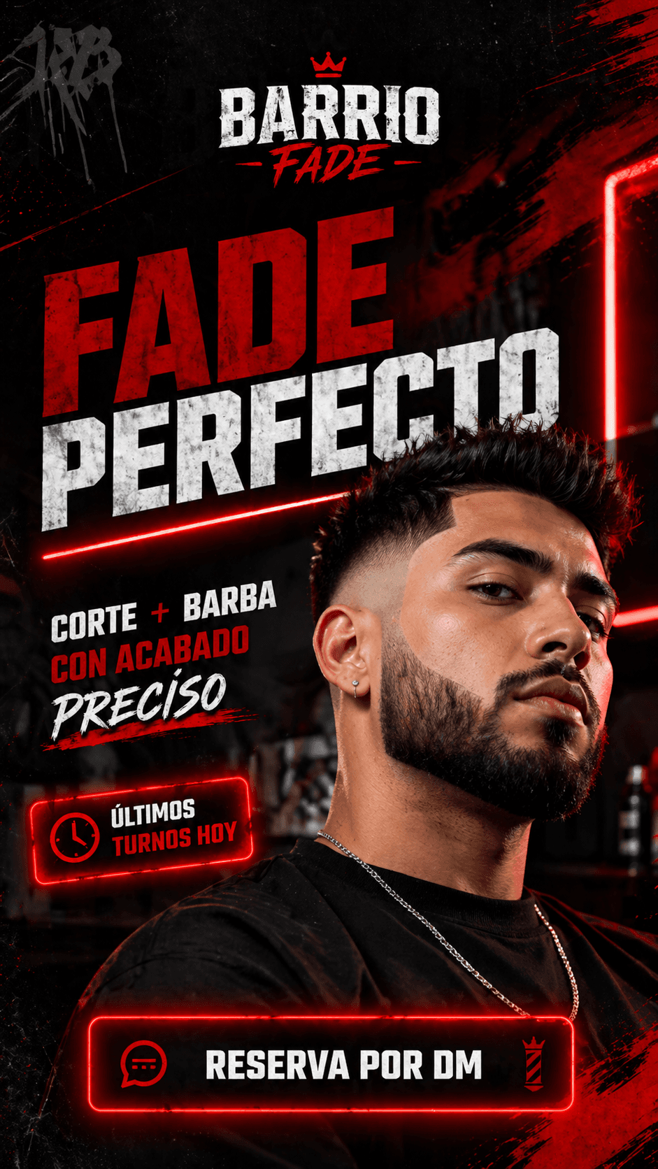 "Fade perfecto + barba trabajada. Los últimos turnos de hoy se van rápido."