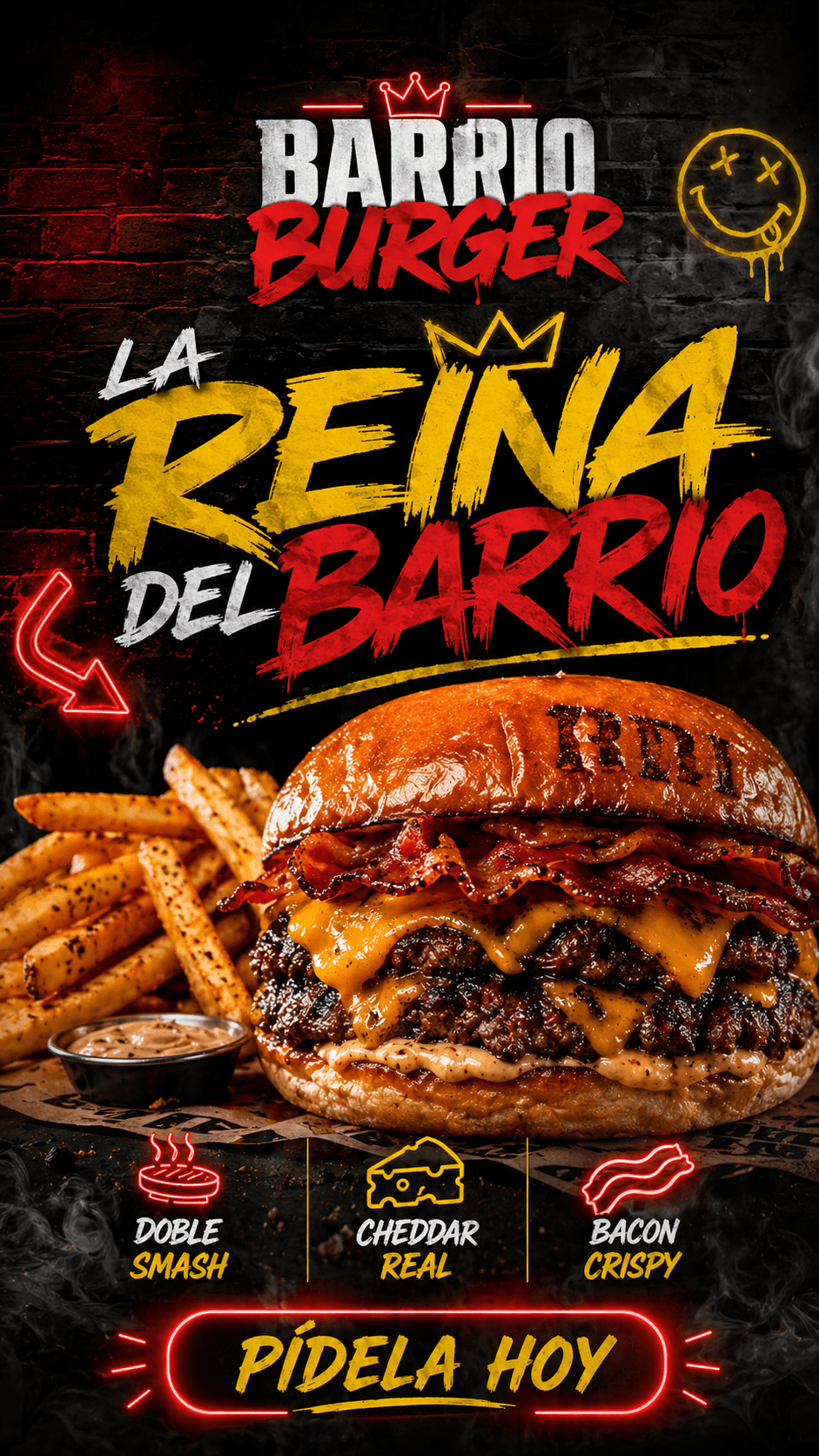 "Doble smash, cheddar real y bacon crispy. La reina que tu semana merece."