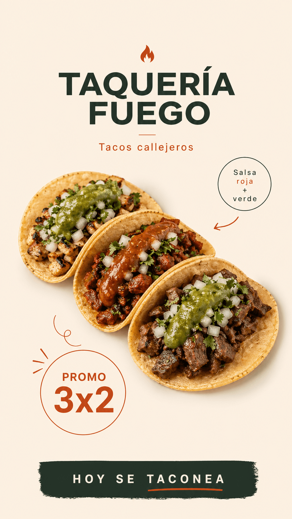 "Tacos callejeros con salsa roja y verde. Promo 3x2, hoy se taconea 🌮"