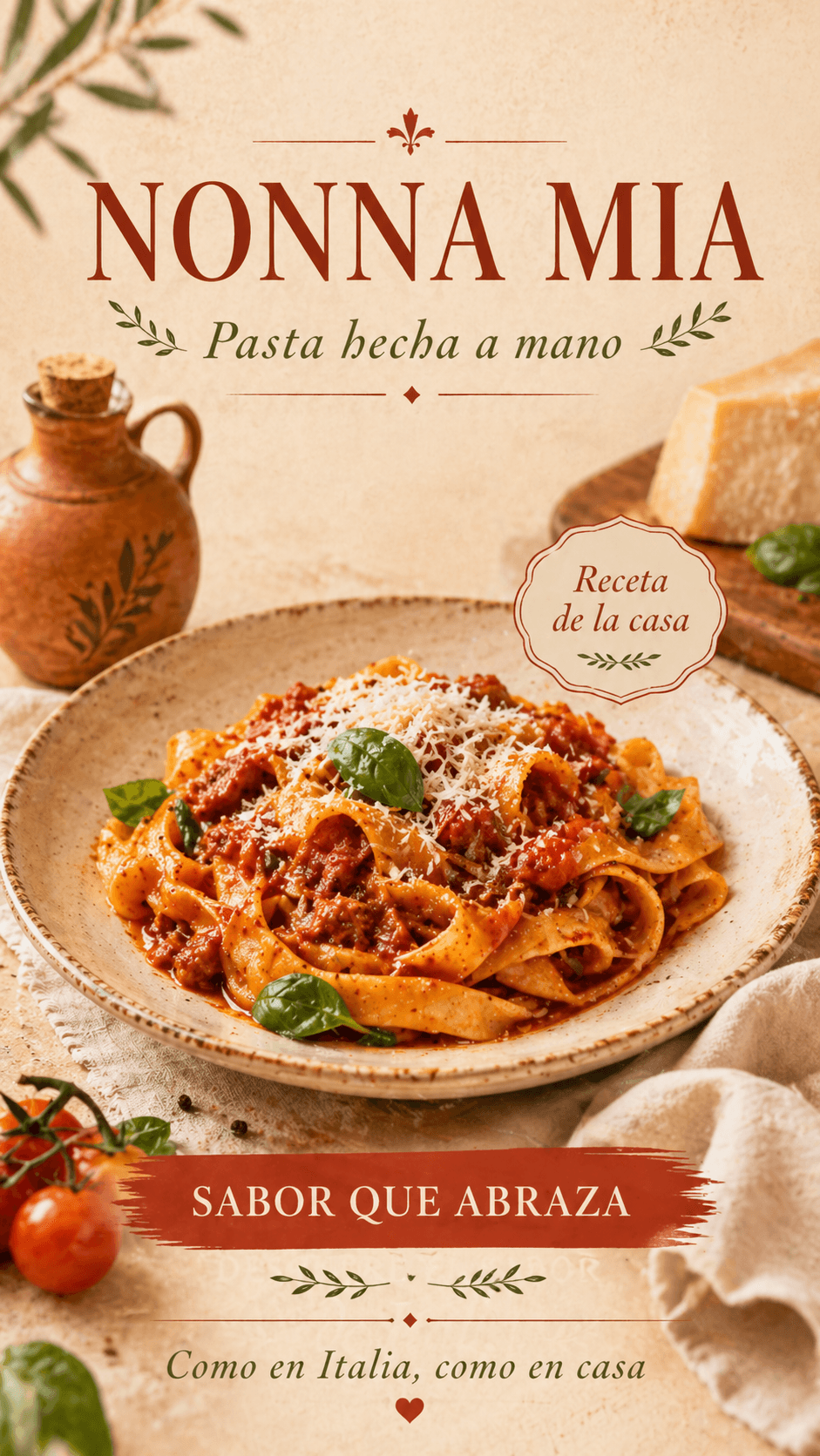 "Pasta hecha a mano, receta de la casa. Como en Italia, como en casa 🍝"
