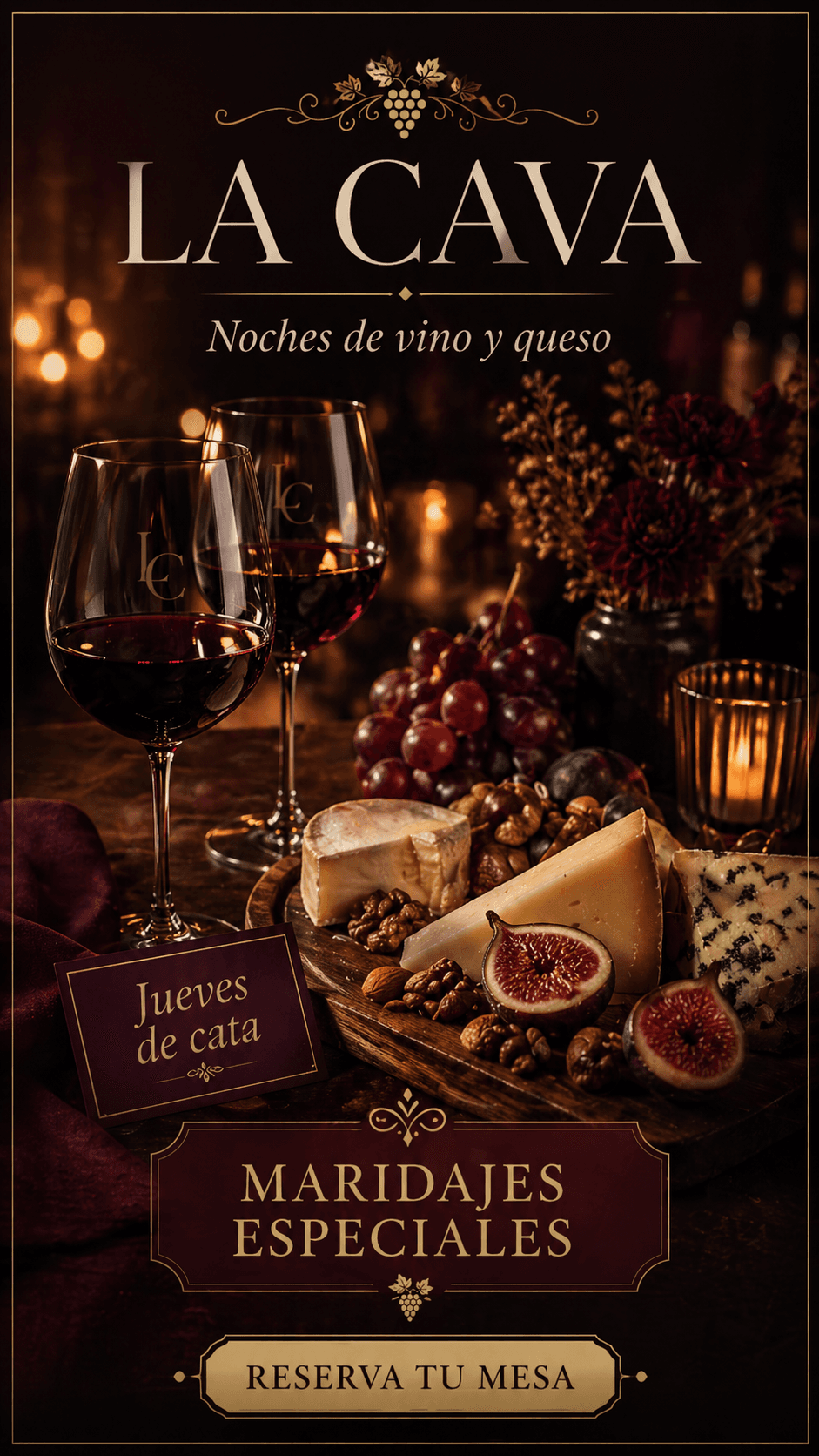"Jueves de cata: vino, queso y maridajes especiales. ¿Nos vemos esta semana?"