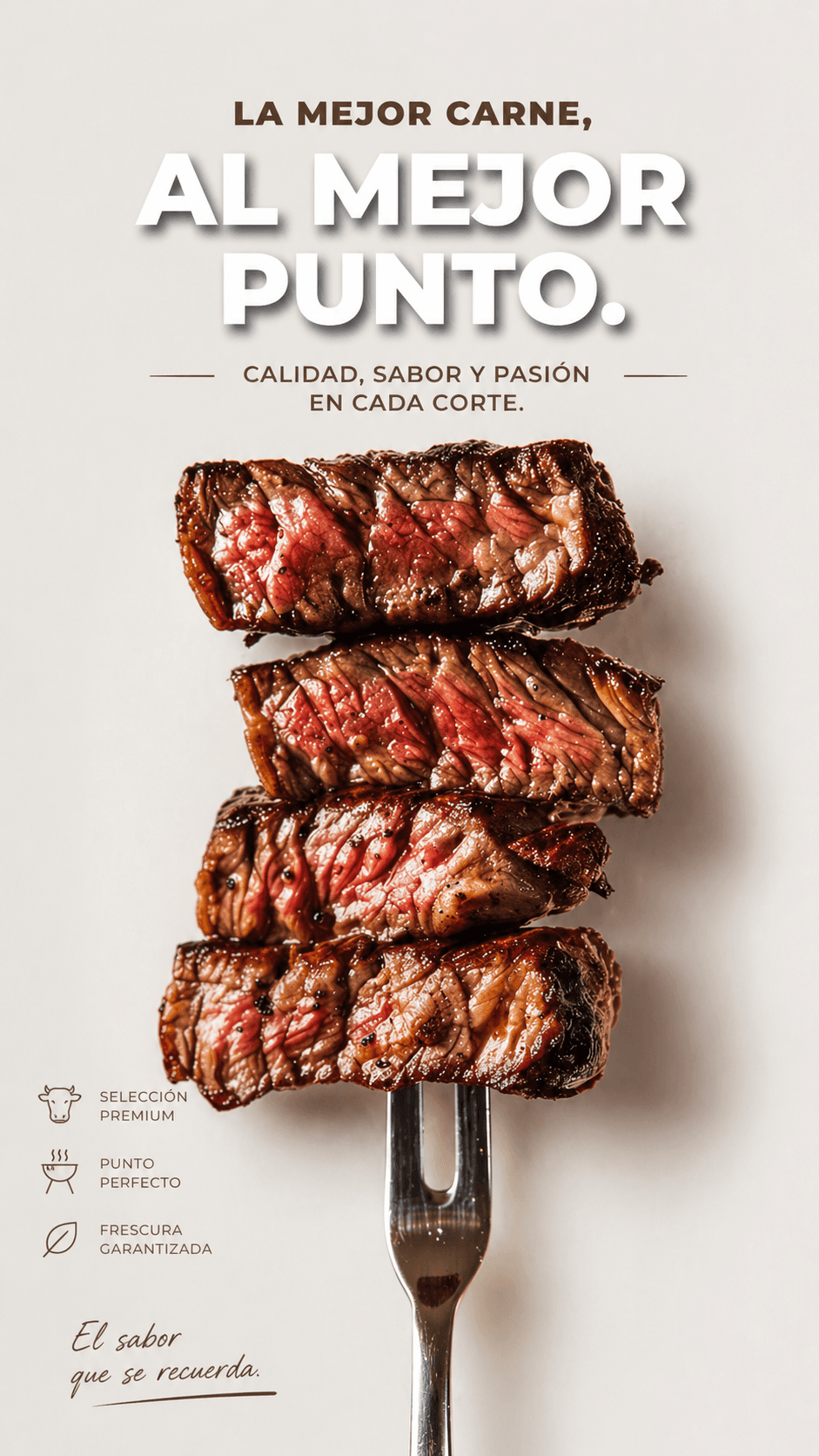 "Selección premium, punto perfecto, frescura garantizada. El sabor que se recuerda."
